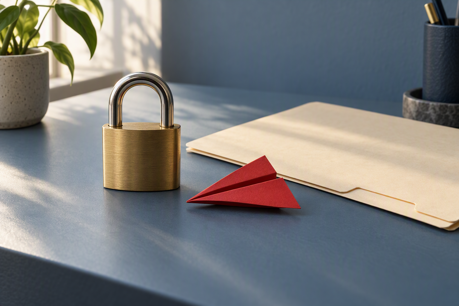 Closed brass padlock beside a red paper plane and a blank account folder on a blue desk