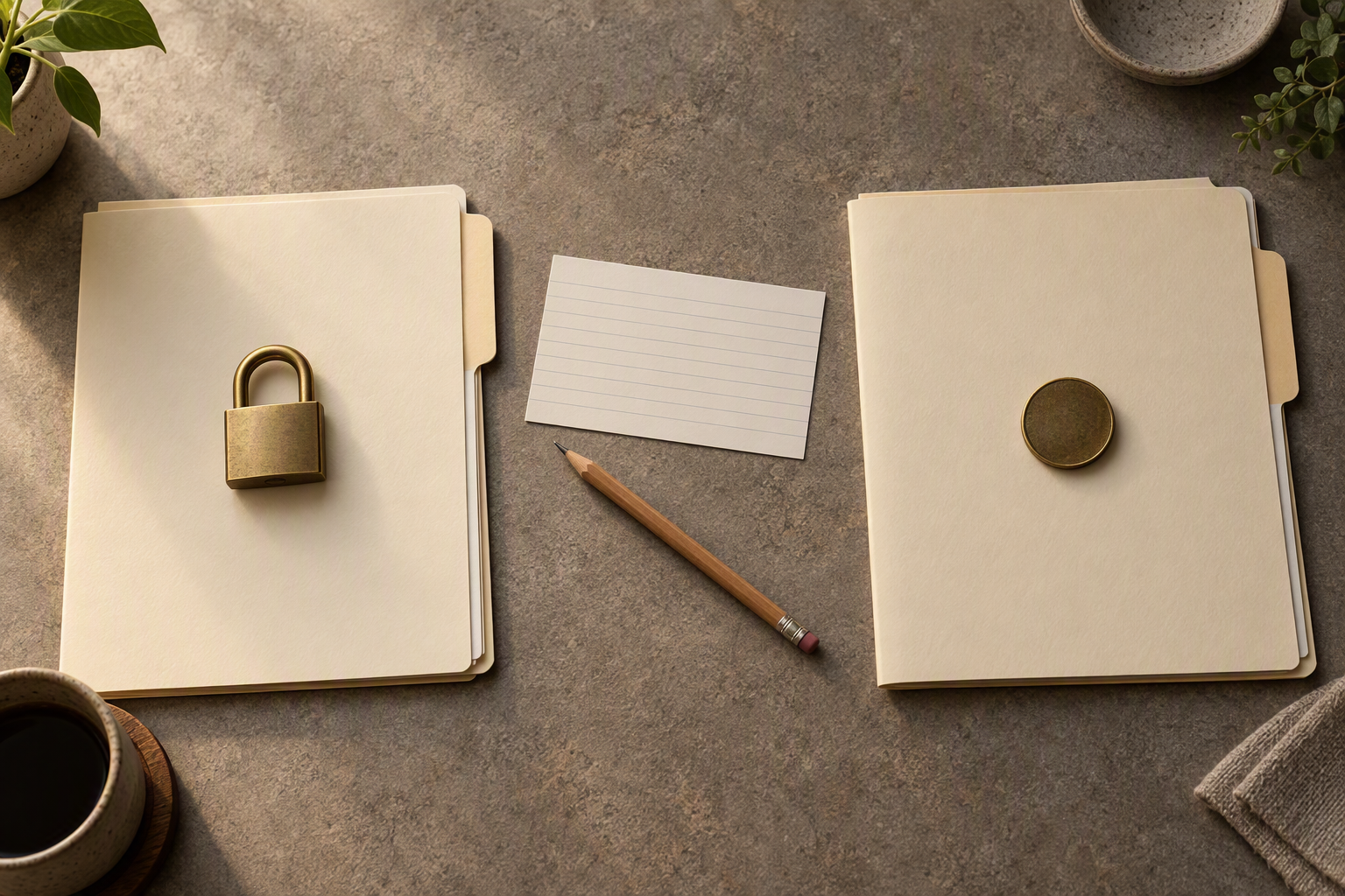 Two paper folders separated by a pencil, one with a closed lock token and one with a small coin token