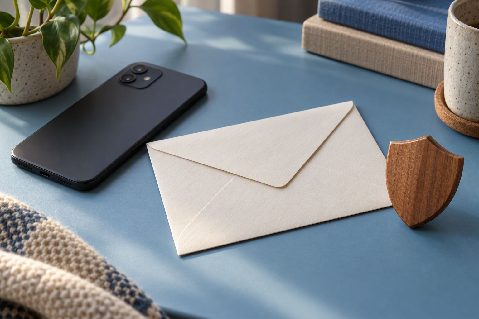 Face-down phone beside a sealed plain envelope and a small shield-shaped wooden object