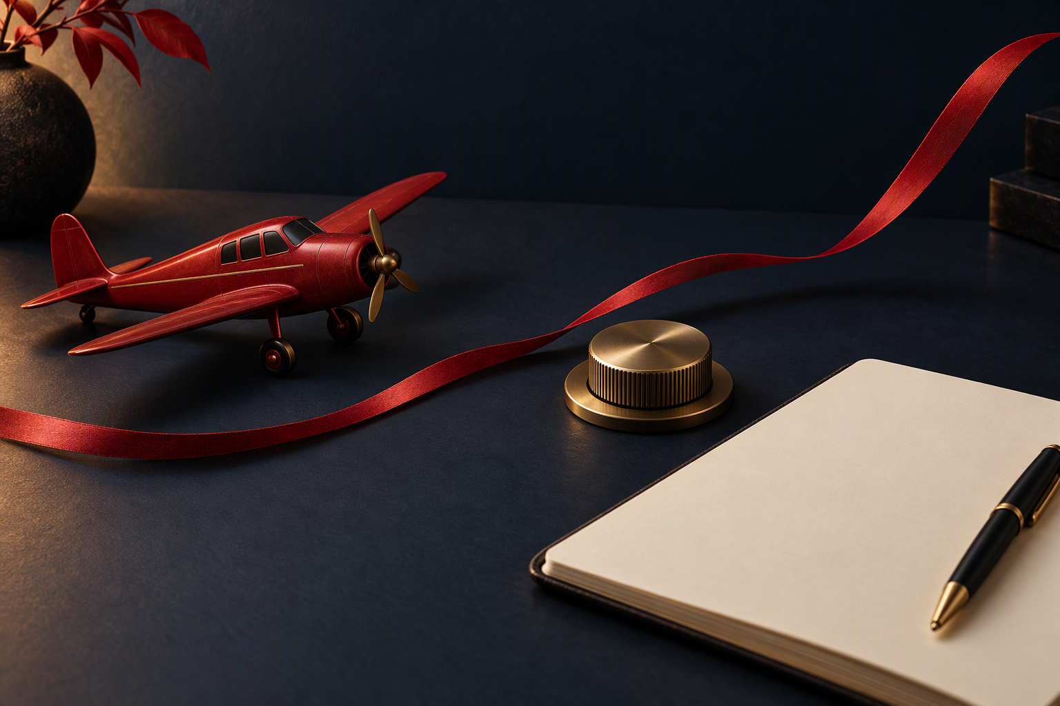 Conceptual plane and curved ribbon beside an unlabeled dial and blank notebook