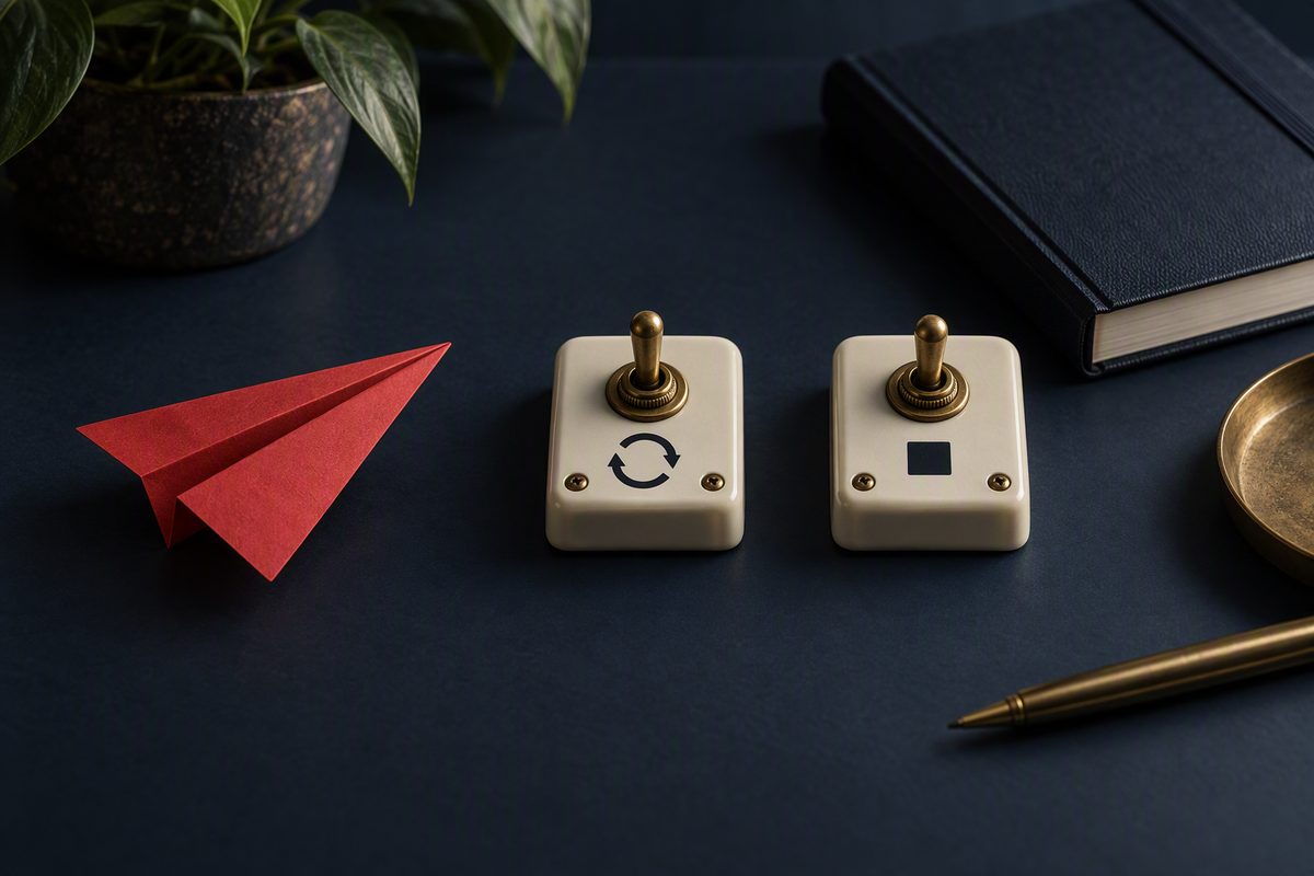 Conceptual illustration of a paper plane beside separate repeat and stop switches