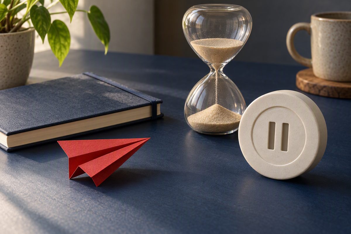 Conceptual illustration of a pause button and hourglass beside a paper plane