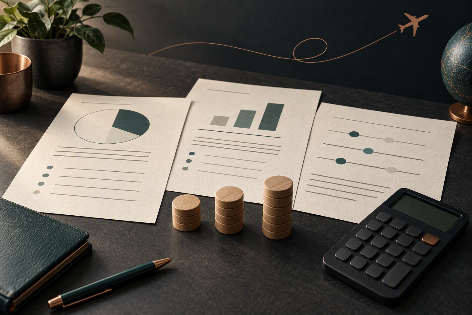 Editorial still life of a calculator, paper terms and counting pieces beside a flight-curve motif