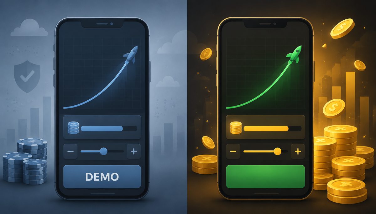 Conceptual blue demo and green money-themed phone screens with stylized rocket charts and coins