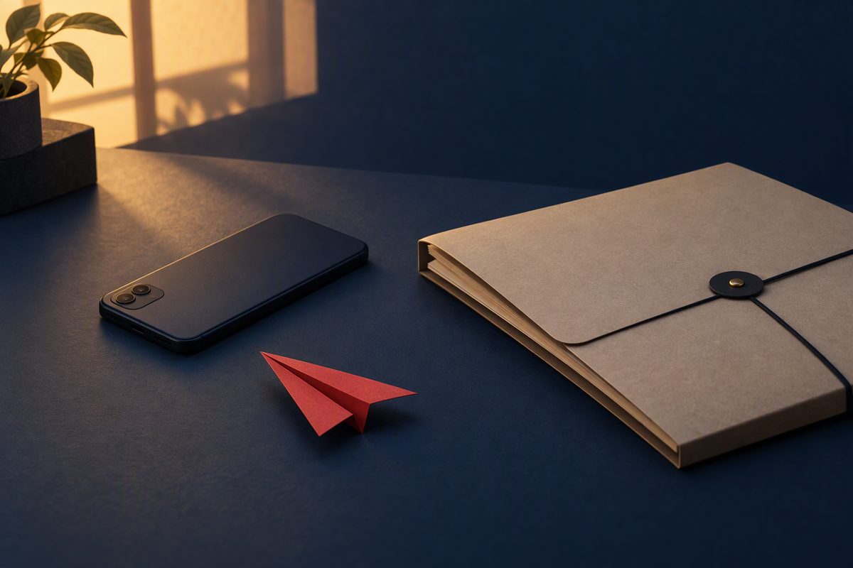 Conceptual illustration of a grounded paper plane beside a phone and legal folder