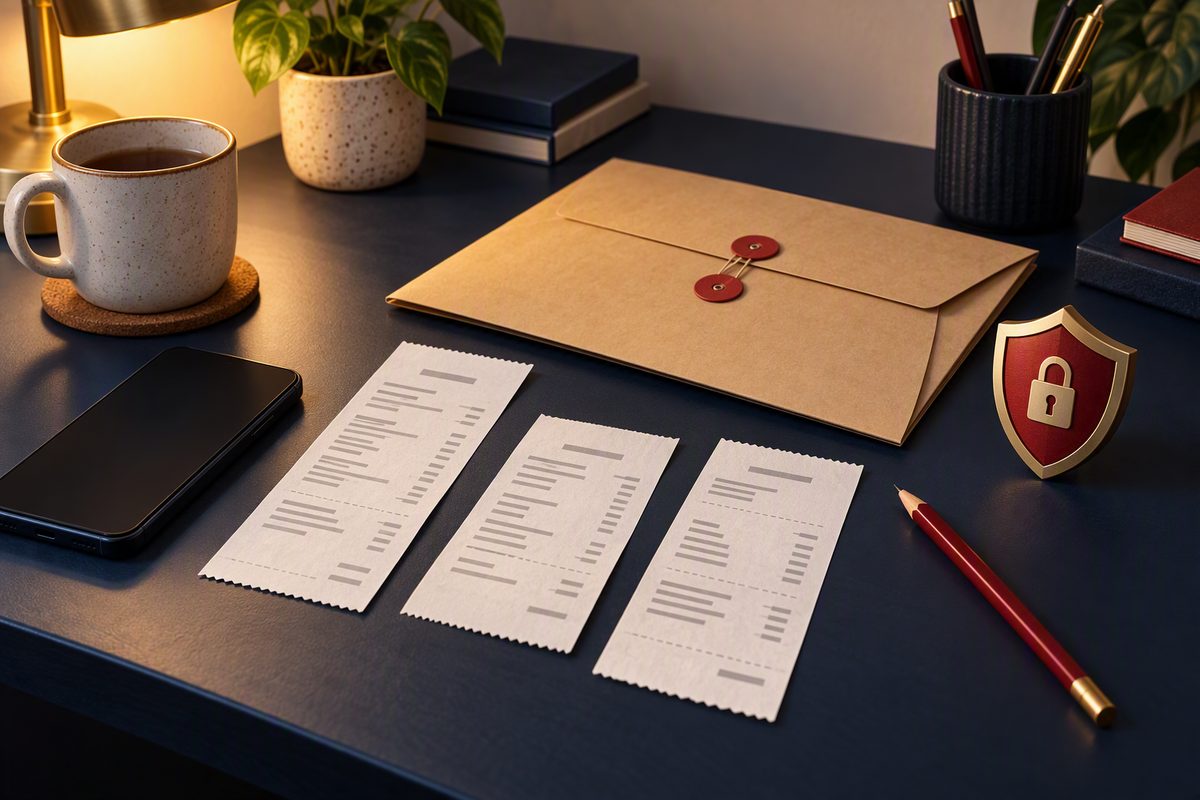 Conceptual illustration of saved receipts, an envelope and a phone for a payment dispute