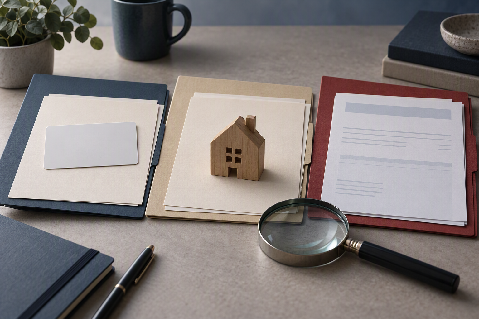 Three folders holding a blank card, wooden house token and document with grey placeholder lines