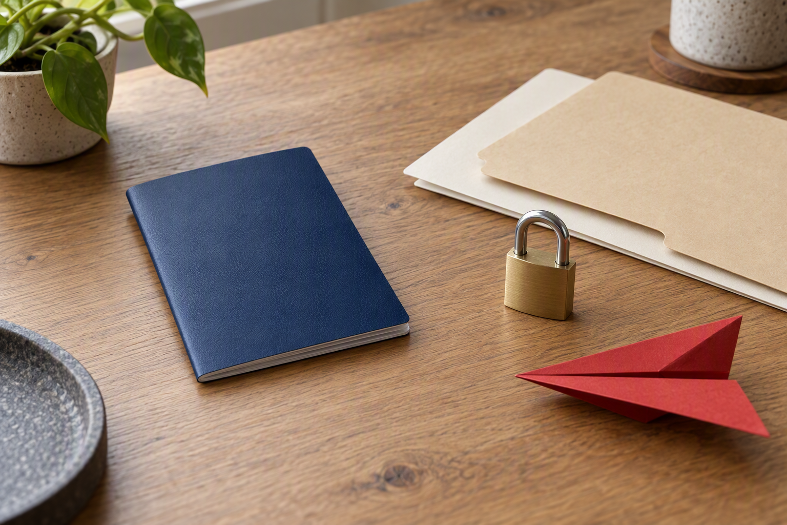Blank identity booklet, paper folders and padlock beside a red paper plane