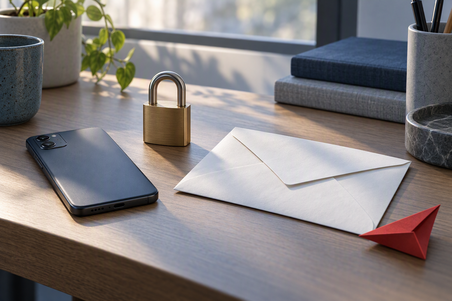 Face-down phone, closed padlock and blank envelope with its flap closed