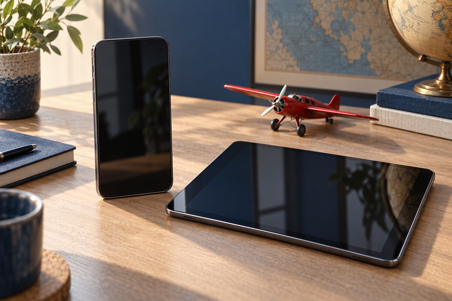 Phone and tablet beside a small model aeroplane on a desk