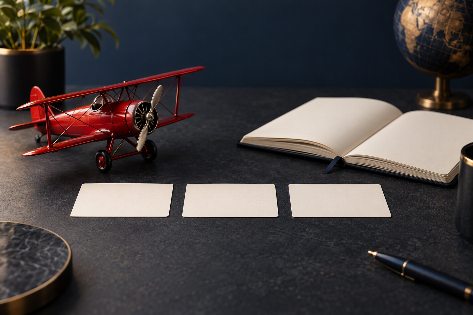 Model aircraft beside blank offer cards and a research notebook