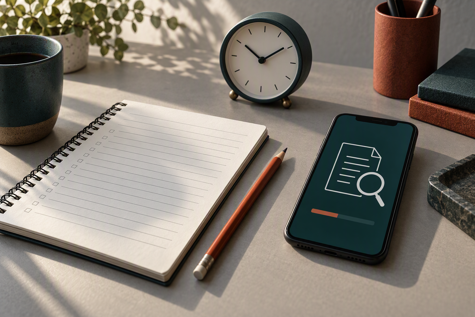 Blank checklist notebook, pencil, clock and smartphone showing a document review icon