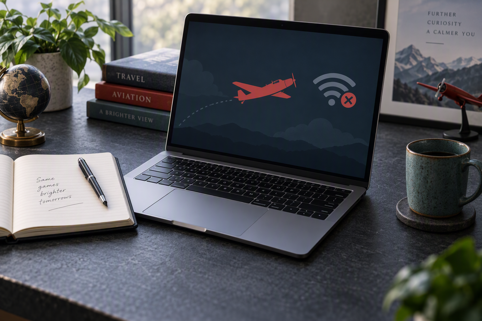 Laptop displaying a red airplane and disconnected Wi-Fi symbol beside a notebook and mug