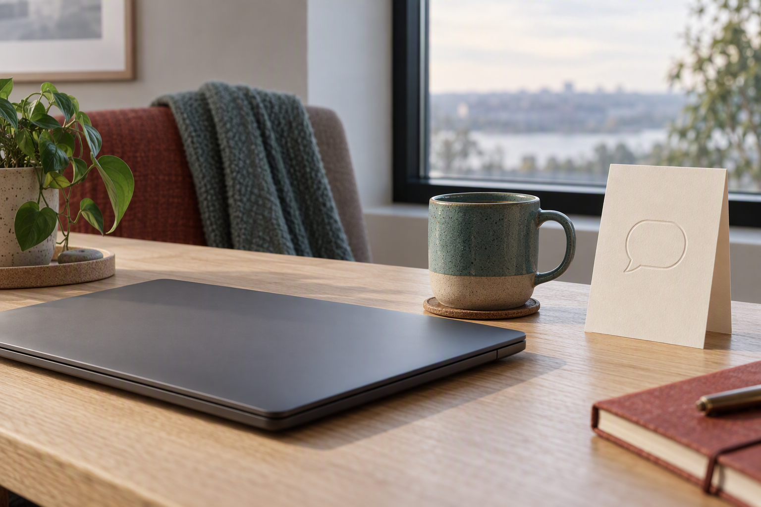 Closed laptop beside a ceramic mug and a card embossed with a speech bubble