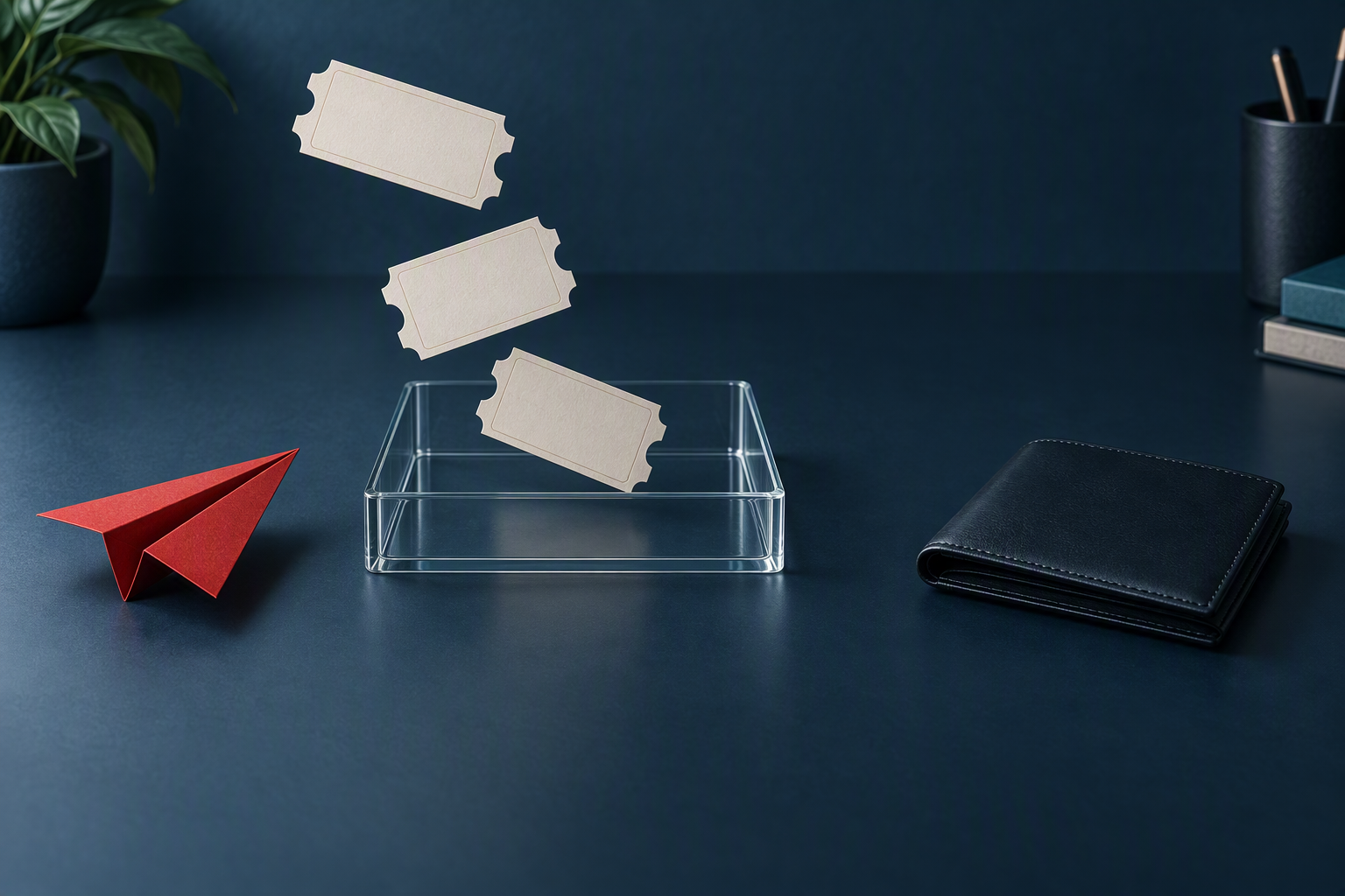Blank paper tickets beside a red paper plane, separate from a closed wallet