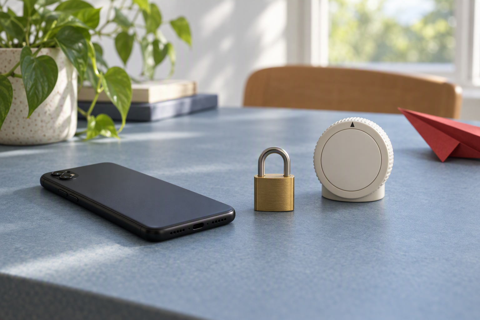 Face-down phone and closed padlock beside a blank timer