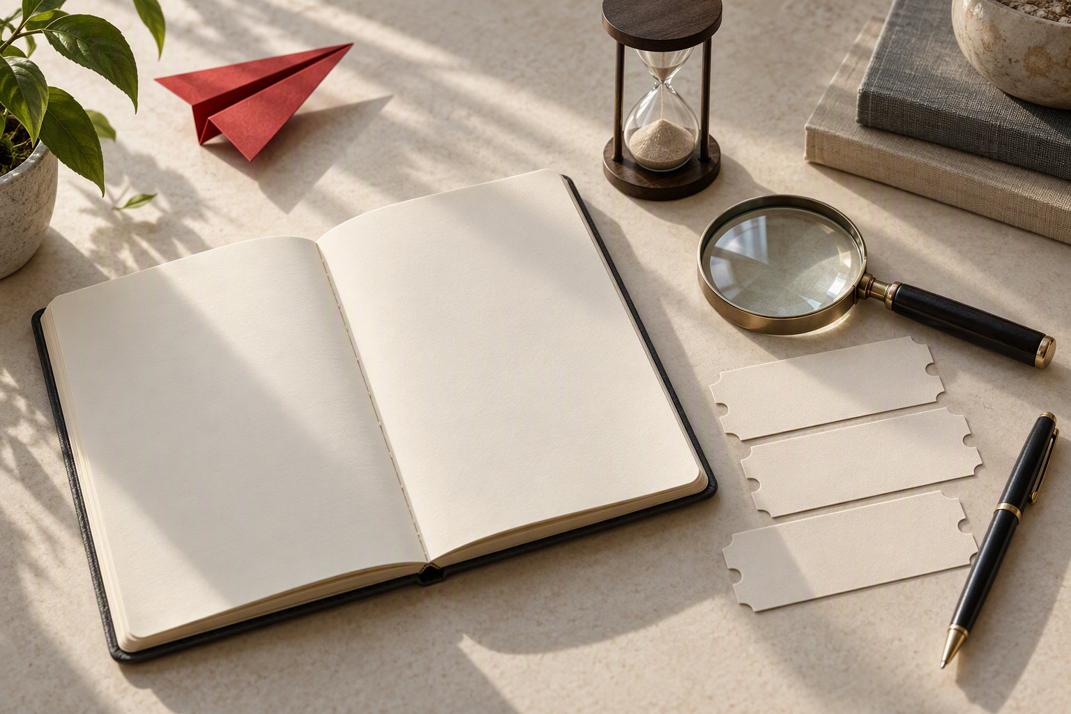 Notebook, magnifying glass and hourglass beside blank promotional tickets