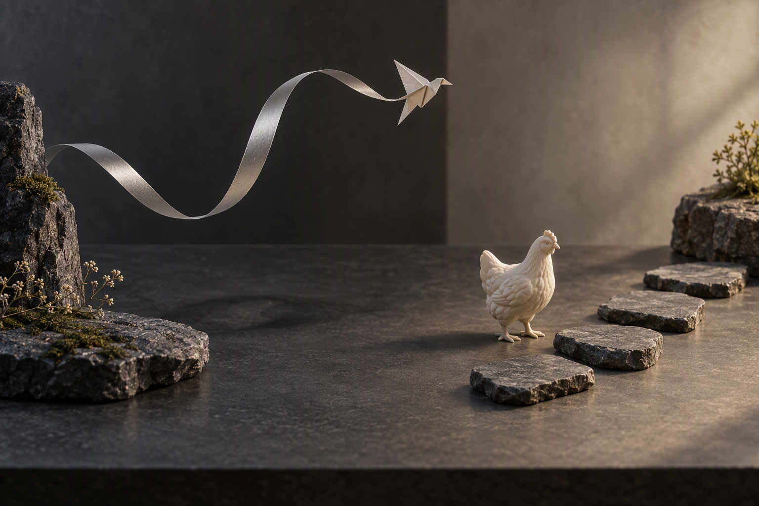Airborne paper-like bird and ceramic chicken beside stepping stones, illustrating continuous and stepwise game formats