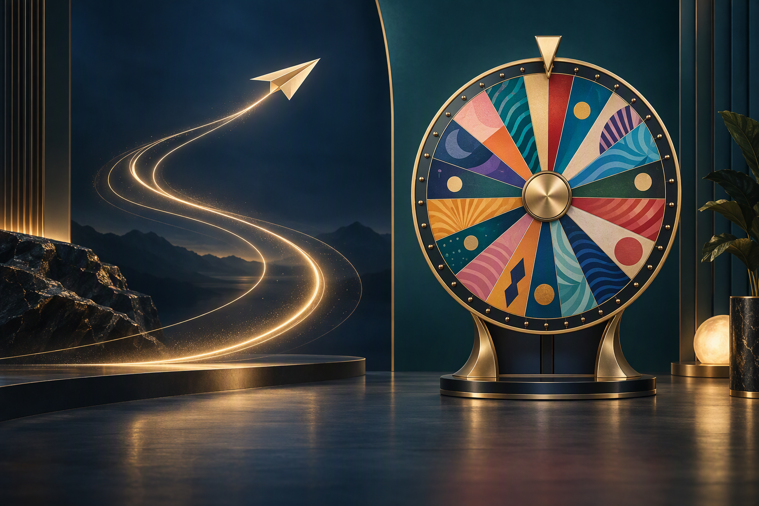 Conceptual comparison of a rising flight curve and a decorative game-show wheel