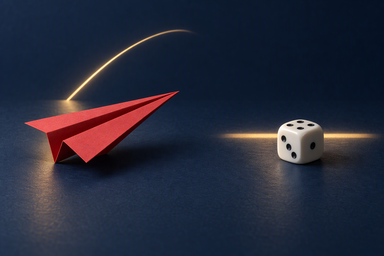 Red paper airplane and a white die on a navy tabletop, illustrating a comparison of casino game formats