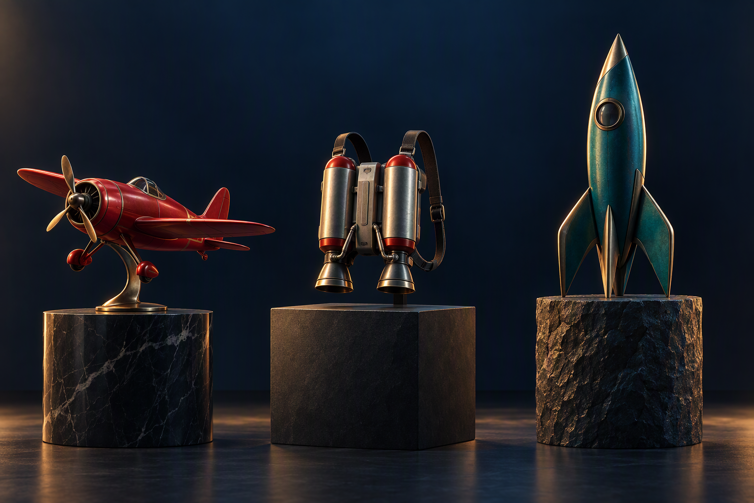 Conceptual red airplane, twin-cylinder jetpack and teal rocket on separate stone pedestals