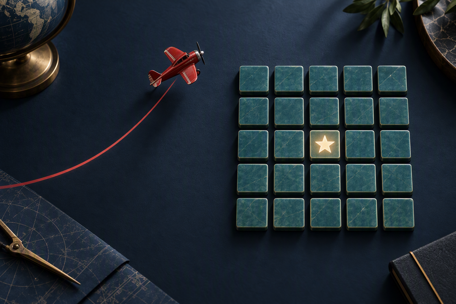 Conceptual red plane and a field of teal tiles representing two different game decisions