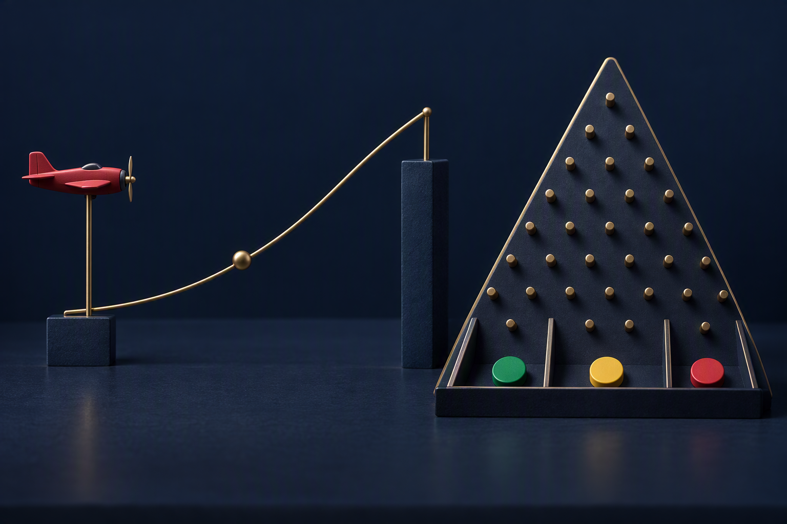 Illustrated exit marker on a rising curve beside colored discs and a peg board