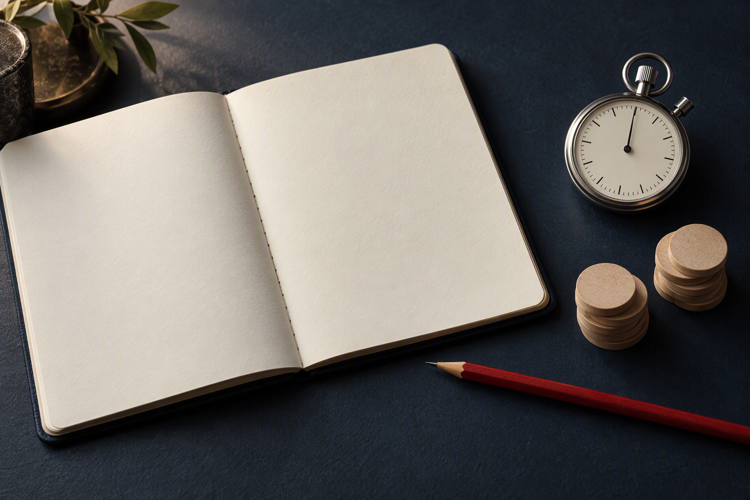 Notebook, stopwatch and unmarked counters illustrating rules and session pace