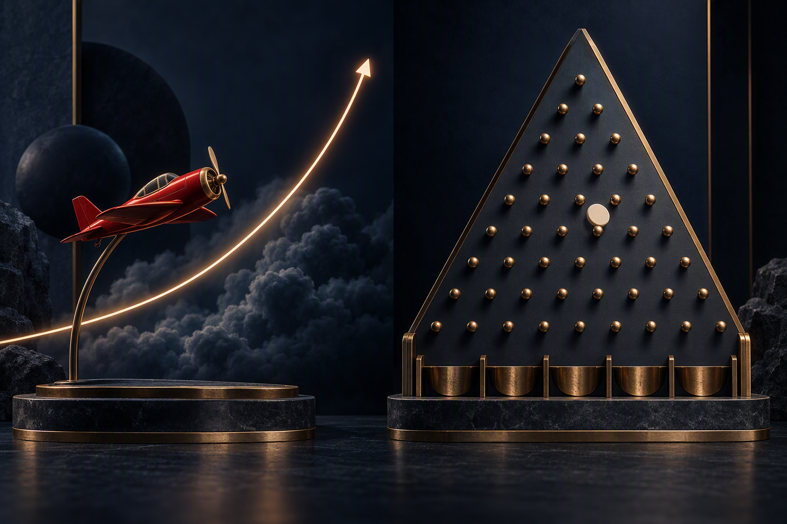 Conceptual red airplane and rising curve beside a brass Plinko peg board