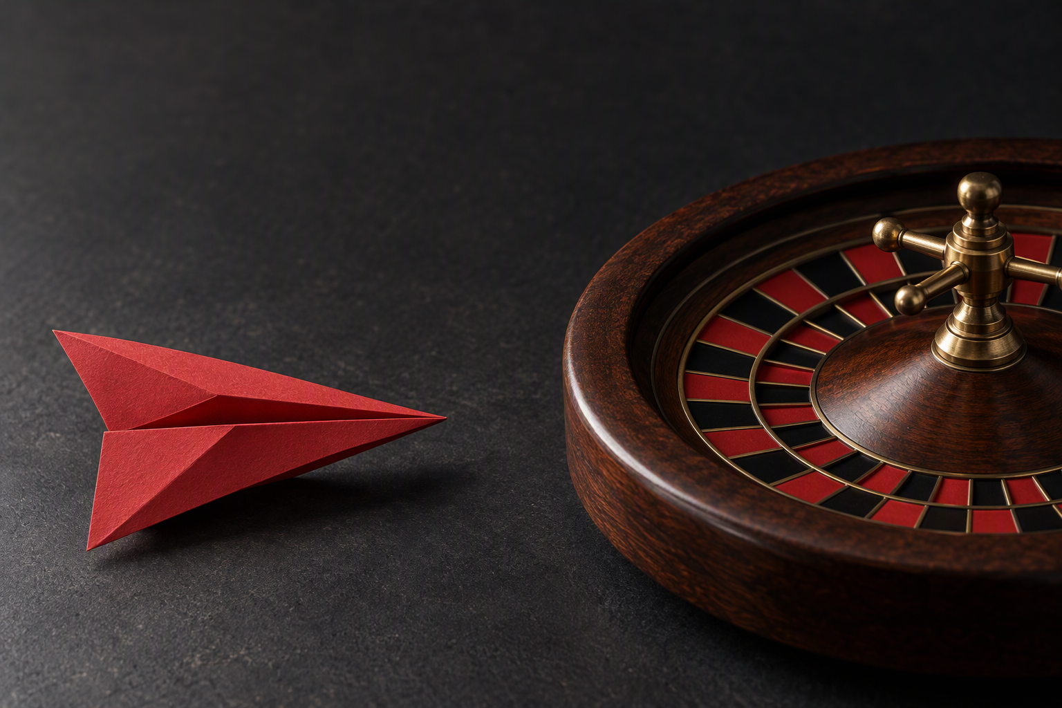 Conceptual red paper plane beside an unnumbered roulette-inspired wheel prop