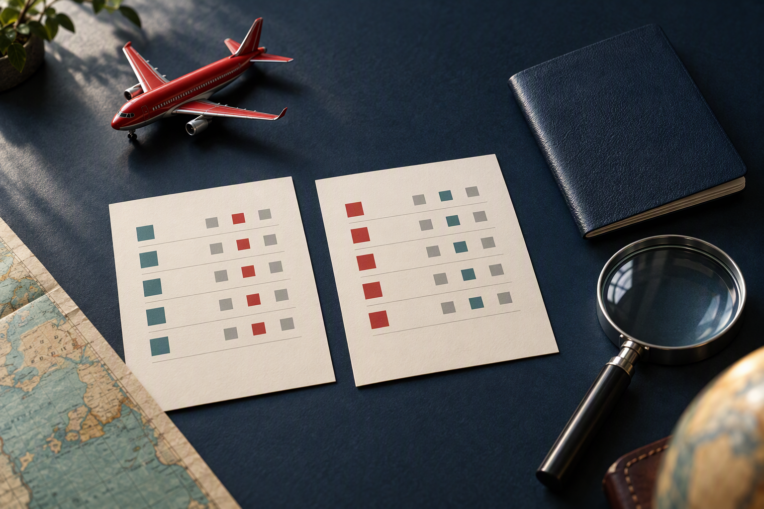 Model airplane beside comparison cards and a magnifying glass on a dark table